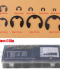 Black Metal E Clip Set For Shafts 3mm To 22mm 300 Piece Assortment Of Retaining Rings With Calibrated Sizes in open case