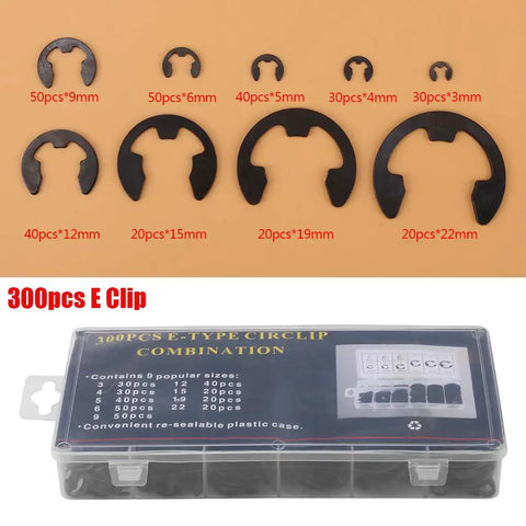 Black Metal E Clip Set For Shafts 3mm To 22mm 300 Piece Assortment Of Retaining Rings With Calibrated Sizes in open case