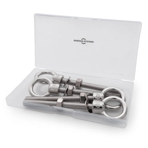 SHONAN heavy-duty stainless steel eye bolts, 4-pack with nuts and washers in plastic case.