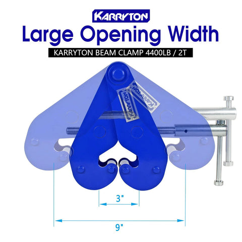 Front view of KARRYTON 2-ton blue I-beam lifting clamp; fits 3 to 9 inch flange width