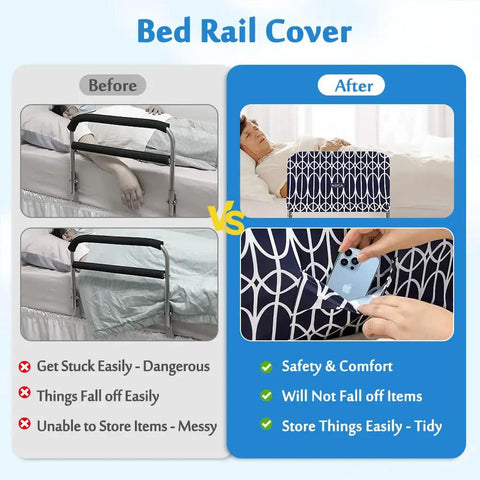 Before and after using Bed Rail Cover For Elderly And Hospital Beds, Washable Fabric Guard With Storage Pocket, showing safety and storage.