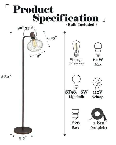 Farmhouse Bubble Glass Floor Lamp With Adjustable Tall Pole, Retro Industrial Edison Style Lighting specifications and dimensions