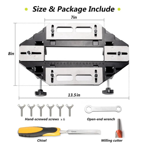 Pro Grade Aluminum Door Hinge Jig For Quick Install And Precise Fit with tools, screws, open-end wrench and milling cutter