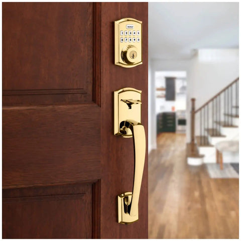 Traditional Home Connect Keypad Smart Lock Deadbolt With 10 Button Keypad One Touch Locking 250 User Codes Z Wave 700 SmartKey Satin Nickel Finish Backward Compatible With Existing Hubs And Panels on a wooden front door, showing elegant satin nickel handle design.