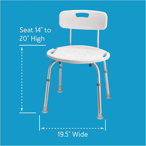 Shower Chair With Back For Elderly And Disabled, Lightweight Aluminum Bath Seat Supports Up To 300 Lbs, Easy Assembly, Non Slip, Easy Clean, White Handicap Bath Chair showing dimensions and height adjustment