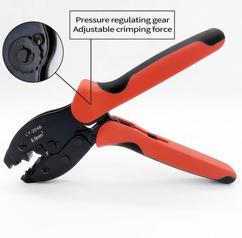 Beefy Pro Grade Spark Plug Wire Crimp Tool With Ratchet Pliers, showing adjustable crimping force and pressure regulation gear.
