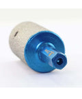 Diamond finger milling bit with blue hex shank and diamond-coated barrel for enlarging holes in porcelain and stone.