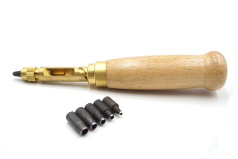 Adjustable Hole Punch For Bookbinding And Crafts With Six Punch Sizes 1.5mm To 4mm Wood Handle Steel Brass Construction No Hammer Needed