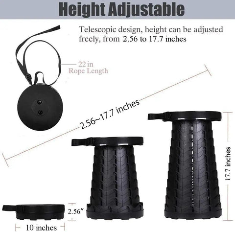 Upgraded Collapsible Camping Stool With 400 Lb Capacity, showing adjustable heights from 2.56 to 17.7 inches