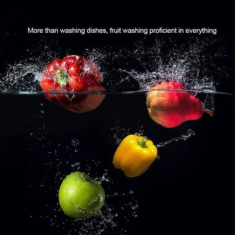 Colorful fruits splashing in water, showcasing the Compact Countertop Dishwasher With Six Place Settings And Five Wash Cycles.