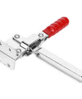 Supercharge Your Workshop Setup With This Hustle Ready Quick Release Vertical Toggle Clamp Equipped With Long Arm And Non Slip Grip Handles For Woodworking Jigs, featuring a red rubberized grip.