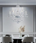 Nine Light Modern Crystal Glass Chandelier Pendant Ceiling Light Fixture With Glass Droplets, 28 Inch Wide 28 Inch High above dining table
