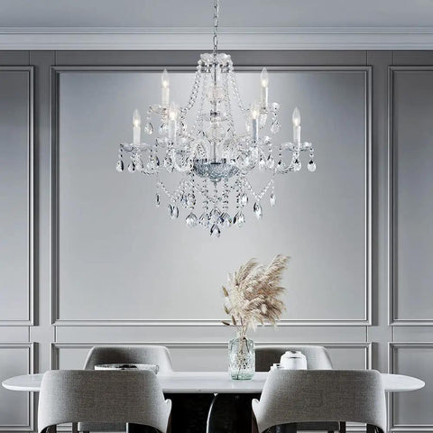 Nine Light Modern Crystal Glass Chandelier Pendant Ceiling Light Fixture With Glass Droplets, 28 Inch Wide 28 Inch High above dining table