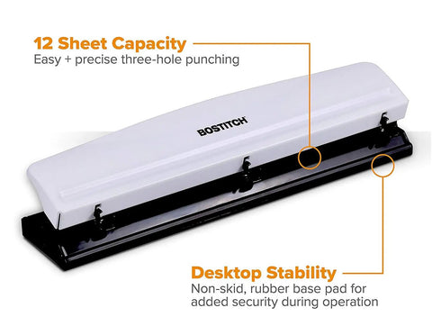 Workhorse 3 Hole Punch For Office Use, 12 Sheet Capacity, solid metal construction, rubber base for desk protection, white finish