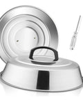 Heavy Duty Stainless Steel Cheese Melt Dome Set Of Two with black handle and screwdriver for cooking outdoors.