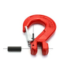 Clevis Slip Hook With Latch 1/2 Inch Two Pack, 6940 Lb Working Load Limit, Grade 80 Drop Forged Alloy Steel in red with pin detail