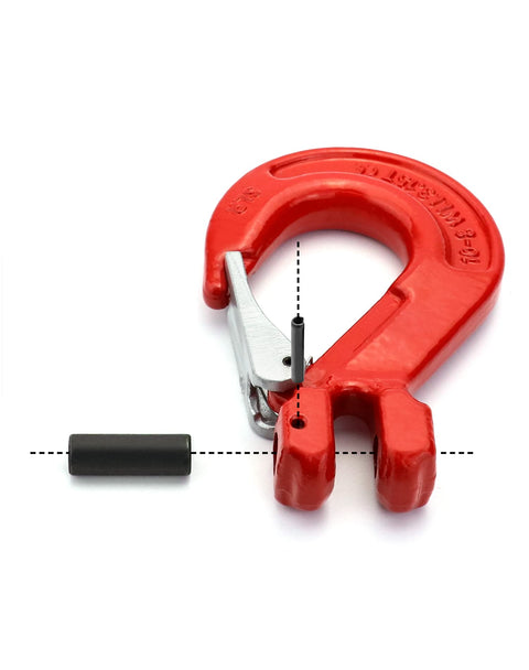 Clevis Slip Hook With Latch 1/2 Inch Two Pack, 6940 Lb Working Load Limit, Grade 80 Drop Forged Alloy Steel in red with pin detail