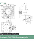 Technical drawing of ZCT200 electric rotary table specs and dimensions. Level Up Your Professional CNC Setup With This Rock Solid 360 Degree Electric Rotary Table Featuring An Optimized Hollow Platform Design For Smooth Continuous Rotation.