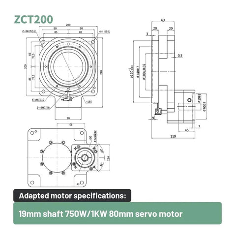 Technical drawing of ZCT200 electric rotary table specs and dimensions. Level Up Your Professional CNC Setup With This Rock Solid 360 Degree Electric Rotary Table Featuring An Optimized Hollow Platform Design For Smooth Continuous Rotation.