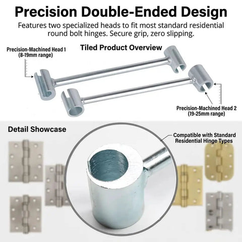 Heavy Duty Steel Double Ended Door Hinge Repair Wrench For Quick And DIY Gap Fixes In Homes And Biz, Adjustable Hinge Gap Tool Set For Residential And Commercial Use, 2 Pack shown with detailed views of adjustable heads and compatibility with standard hinges.