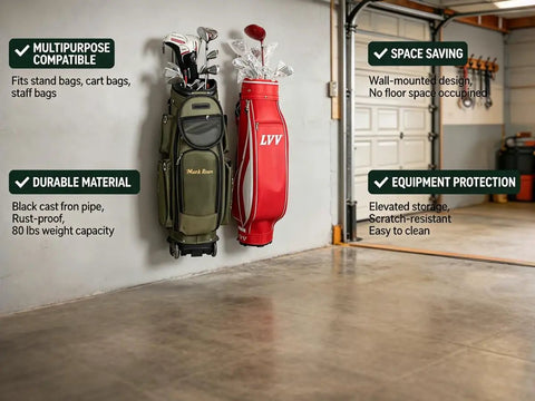 Wall Mount Golf Bag Storage Organizer For Garage And Home Use No Fuss Holds Stand Bags Cart Bags And Staff Bags Indoors Or Outdoors Perfect Golf Club Rack For Basement Practice Field Or Shed showing mounted bags in garage.