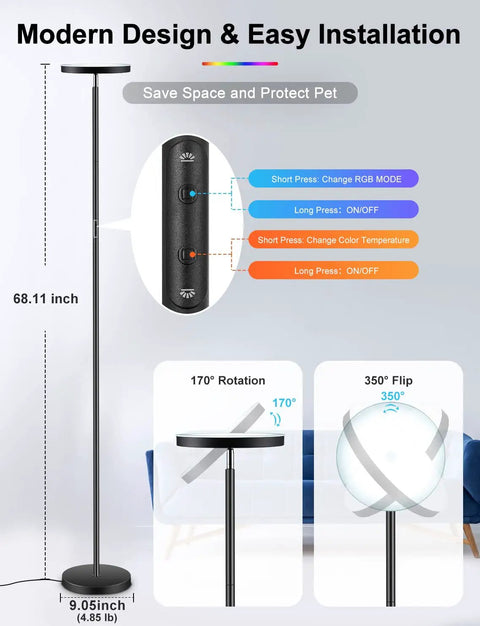 Smart RGB Floor Lamp With Alexa And Google Home, WiFi App Control, shown in black with rotation abilities and remote dimming.