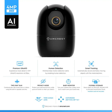4MP WiFi Indoor Camera With Pan Tilt Zoom, Pet And Baby Monitor, Human And Pet Detection, Auto Tracking, 2 Way Audio, Night Vision, Motion Tracking Security Camera For Your Smart Home Setup