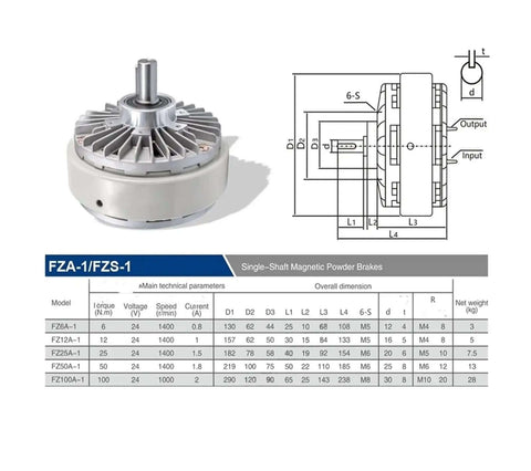 Go-To Magnetic Particle Brake For Industrial Equipment FZ25A-1 And FZ100A-1 with dimensions and technical specifications chart.