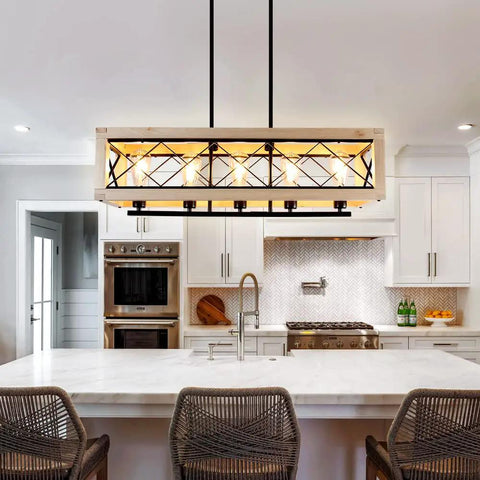 Farmhouse Style Metal Kitchen Island Light Fixture With Wood Frame Pendant Lights Height Adjustable Hanging Chandelier Five Light Iron Linear Chandelier For Dining Room E26 Base Matte Black Finish above kitchen island