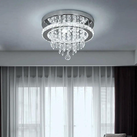 Ceiling-mounted Crystal Chandelier With K9 Crystals And Stainless Steel Pendant Light, 3 LED Lights, Modern Glow In Cool White