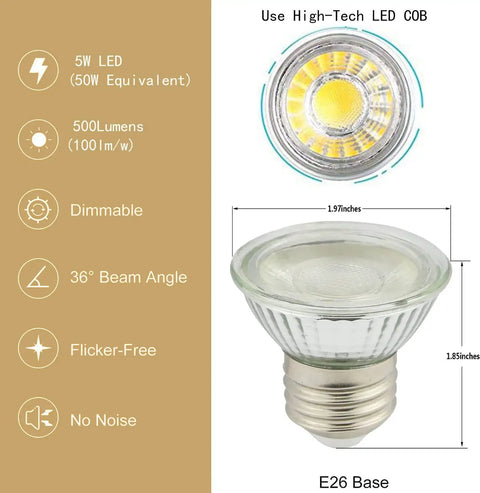 LED PAR16 Spotlight Bulbs 5W Dimmable, 50W Halogen Replacement, E26 Screw Base, 120V, 500Lm Warm White, Short Neck details