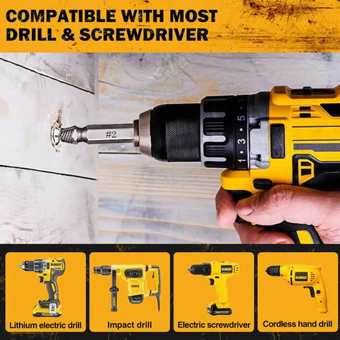 16 Piece Damaged Screw Extractor Kit For Stripped Screws And Rusty Bolts in use with a cordless drill on wooden surface