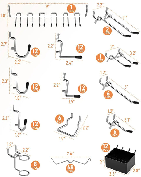 Heavy Duty Pegboard Hook Kit With 170 Pieces For One Quarter Inch Pegboards showing various hooks and bins