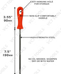 Three Piece Chainsaw Sharpening File Set With Seven And A Half Inch Round Files, red handle, high-strength steel, labeled features
