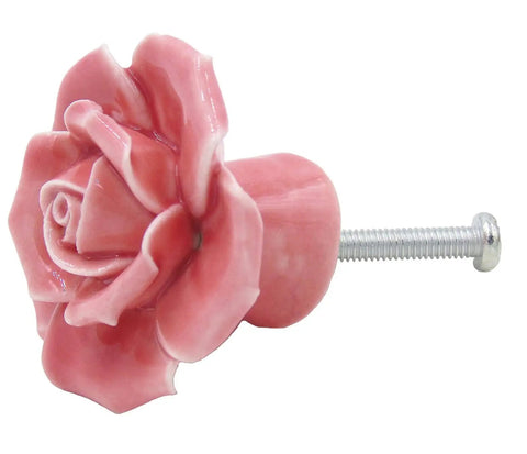 Two Pack Ceramic Vintage Floral Rose Drawer Knobs For Dresser Closet Kitchen Cupboard Includes Screws Pink Shiny Polished