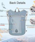 Back view of blue Lightweight 5L Hydration Vest For Men And Women, Reflective Running Backpack With Adjustable Chest Straps.