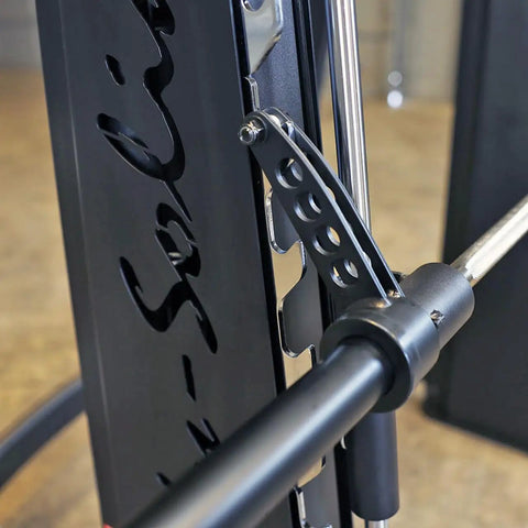 Close-up of the attachment mechanism on Pro Clubline Counter Balanced Smith Machine featuring heavy duty safety stops.
