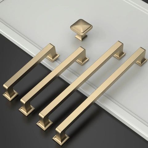 Brushed Brass Cabinet Pulls 7 Inch Hole Centers 10 Pack Modern Kitchen Cabinet Handles displayed on a surface