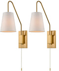 Modern Brass Plug In Wall Sconces Set Of Two With Fabric Shade And Pull Chain Switch Perfect For Bedroom Living Room Hallway Decor Two Pack