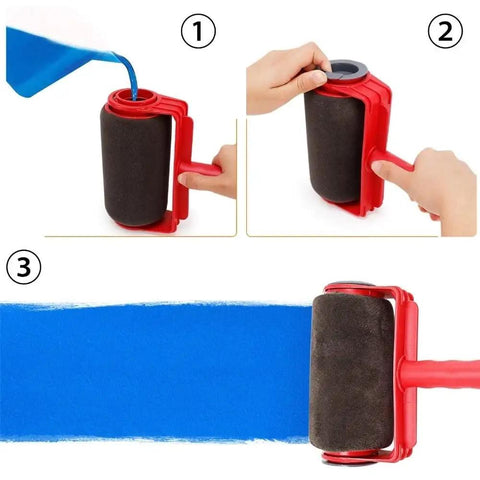 Step-by-step of the Absolute Game Changer Nine Piece Paint Roller Kit pouring blue paint for easy wall application.