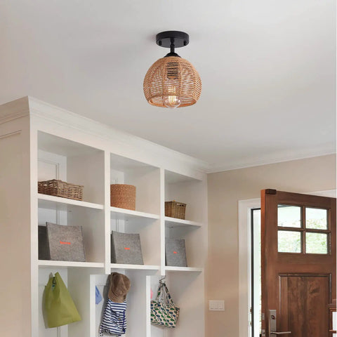 Rustic Hemp Rope Flush Mount Light Fixture Basket For Hallways And Kitchens Semi Flush Ceiling Light With Black Finish Farmhouse Vibe Woven Design
