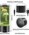 Jellyfish Lamp With 16 Color Changing Lights And Remote Control, diagram showing size, USB port, and battery compartment