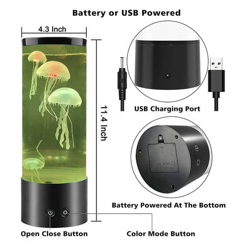 Jellyfish Lamp With 16 Color Changing Lights And Remote Control, diagram showing size, USB port, and battery compartment