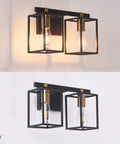 Two Light Over Mirror Bathroom Light Fixture In Rustic Farmhouse Style Industrial Metal Cage Wall Sconce On and Off View