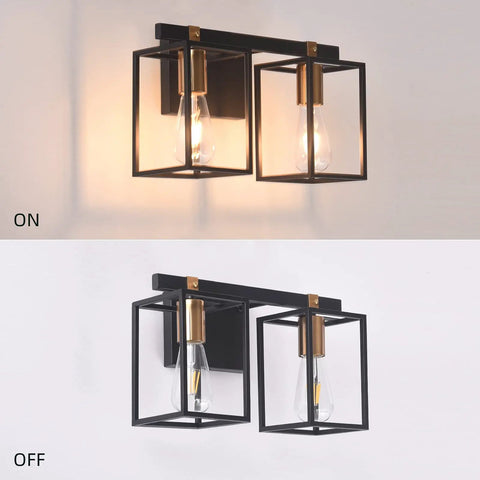 Two Light Over Mirror Bathroom Light Fixture In Rustic Farmhouse Style Industrial Metal Cage Wall Sconce On and Off View