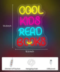 Colorful LED sign "Cool Kids Read Books" with dimensions 14.8 x 10.6 inches, dimmer control, and USB power.
