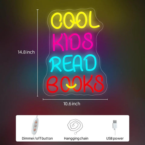 Colorful LED sign "Cool Kids Read Books" with dimensions 14.8 x 10.6 inches, dimmer control, and USB power.