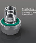Oversize Piggyback Oil Drain Plug M12.1 X 1.75 X 15mm Stainless self-tapping plug with green O-ring and sharp thread design.