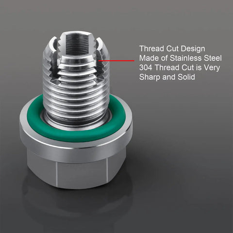 Oversize Piggyback Oil Drain Plug M12.1 X 1.75 X 15mm Stainless self-tapping plug with green O-ring and sharp thread design.