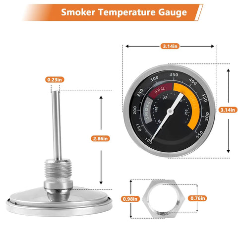 Glowing Analog Stainless Steel Grill Thermometer Replacement Gauge for Oklahoma Joe Longhorn and Highland Smokers Thirteen Sixteenth Inch Mount Hole BBQ Heat Indicator for Charcoal Wood Pellet and Gas Grills Two Pack, 3.14in dial